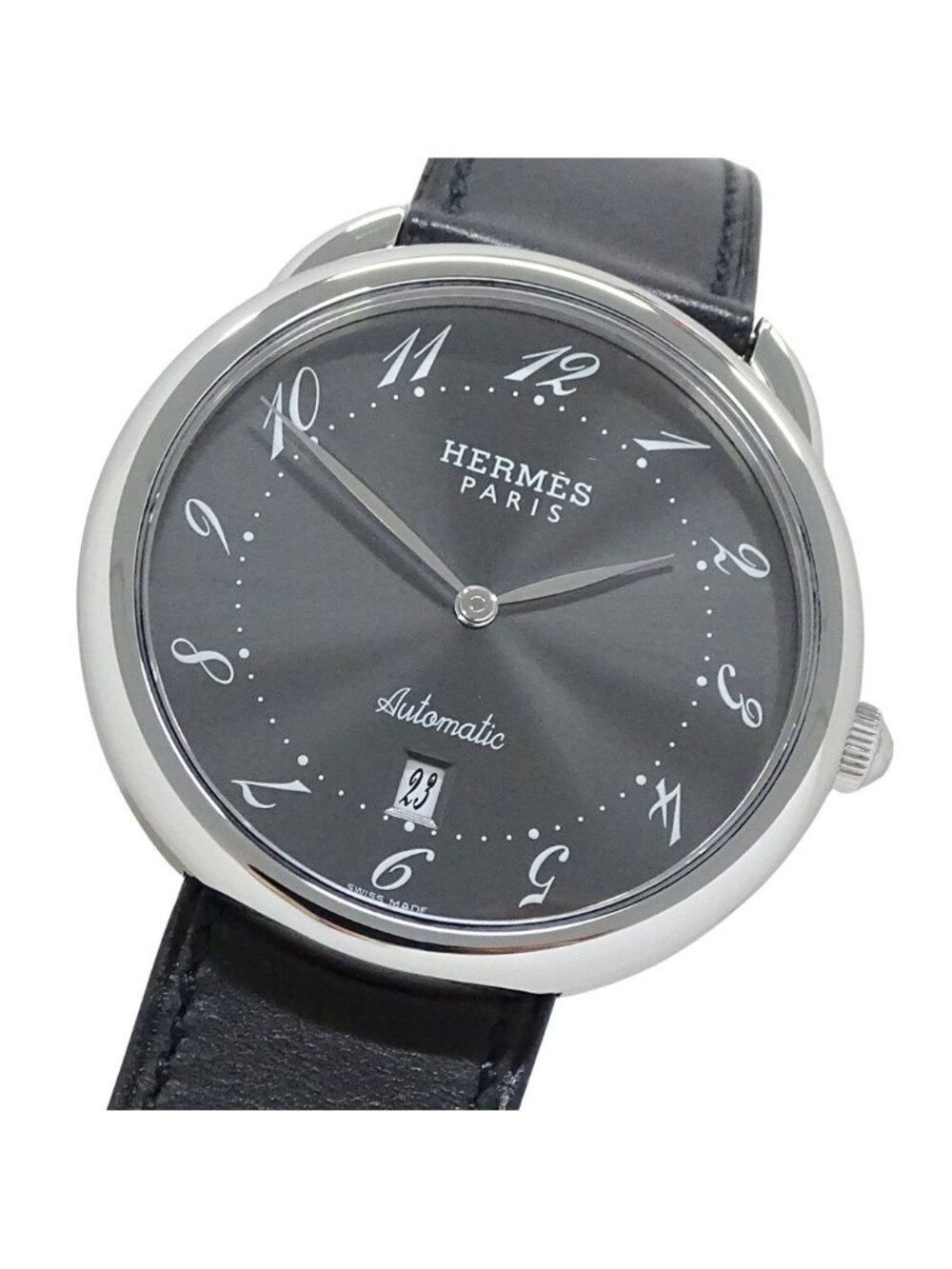 Hermes Watch Arceau Date Automatic Stainless Steel Leather Silver Gray Black